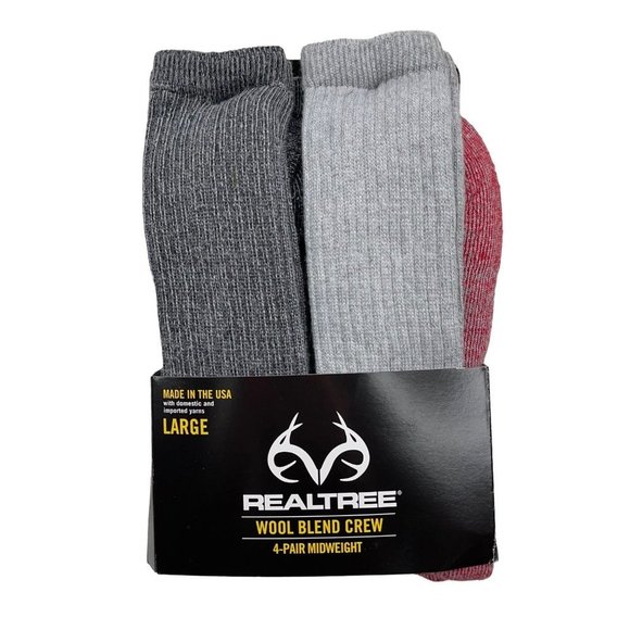 Realtree Other - New RealTree Mens LARGE (SIZE 9-12) Wool Blend Crew Socks, Midweight, 4 Pairs